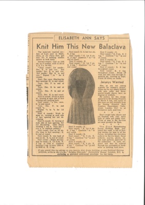 Press cutting - "Knit him this new Balaclava"; 34947 Press cutting - "Knit him this new Balaclava"; 34947