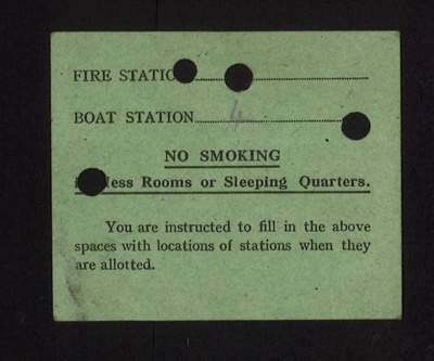Ship's Berthing card (green) - "D" deck - section 7 - mess table 170; 5411