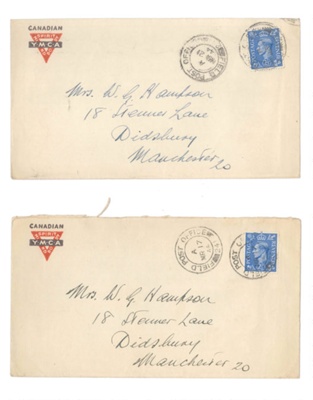 Envelopes (2) - with "Canadian Y.M.C.A." franks - addressed to Mrs W.G. Hampson - Manchester 20 - 17/03/1944; 17/03/1944; 37032