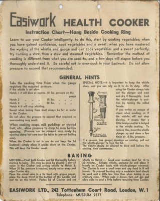 "Easiwork" Pressure Cooker Instruction chart; 36325 "Easiwork" Pressure Cooker Instruction chart; 36325