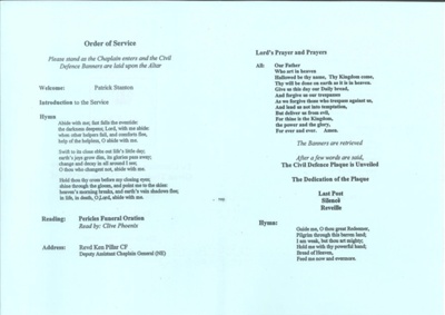 Copies of service programme - unveiling of Civil Defence plaque in chapel - 31/03/2001; 31/03/2001; 35512 Copies of service programme - unveiling of Civil Defence plaque in chapel - 31/03/2001; 31/03/2001; 35512