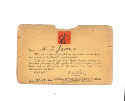 Farewell card - from c-in-c of Anti-Aircraft Command to W.J. Jevons - member of Home Guard anti-aircraft battery; 35578