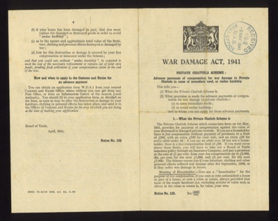 'War Damage Act, 1941'- info about the private chattel scheme - cover for belongings which suffer war damage ; 78794