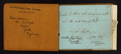 Autograph book belonging to a SGT Charles Cryer, R.A.S.C., E.F.I.; 78841