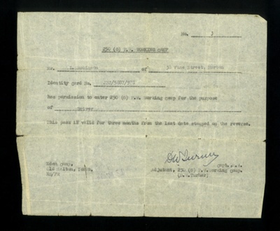 Entry pass for driver to enter Eden Camp - 1947. L. Robinson, Vine Street, Norton.; 21865