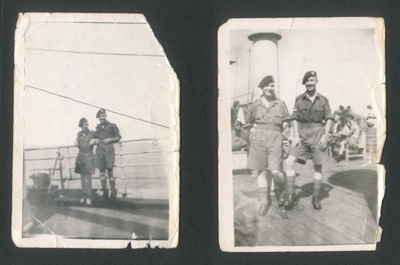 Photographs (3) (one enlarged) - L/Cpl G.B. Harrison R.A.O.C. & Colleague aboard troopship 07/10/1950; 7/10/1950; 34405