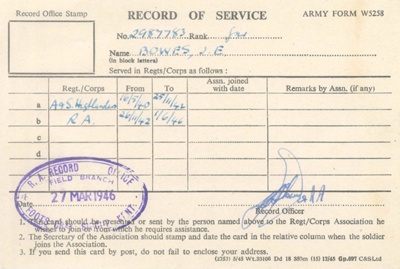 Army form w5258 - "Record of Service" Gnr John Eric Bowes 2987783 R.A. - 16/05/1940 - 01/06/1946; 16/05/1940; 38102
