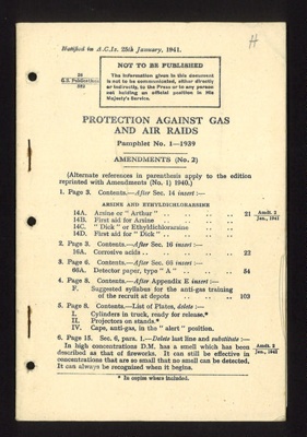 Pamphlet - "Protection against gas and air raids" pamphlet no: 1 - 1939 amendments no: 2 - 25/01/1941; 25/01/1941; 5635