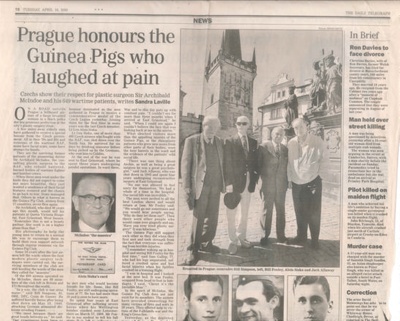 Newspaper article re: Members of Archibald McIndoe's Guinea Pigs Club visit Prague - Burns and Plastic Surgery - 18/04/2000; 36211