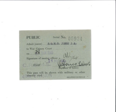 Card authorising attendance of S.Q.M.S. J.A. Jones into war crimes trial at Wuppertall - 28/11/1945; 28/11/1945; 35710