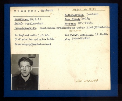 German P.O.W. record card - Herbert Krueger - German - Dob 25/09/1919; 6584