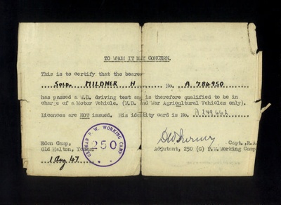 Driving permits - Helmut Mildner - German P.O.W. at Eden Camp, Dated 1st August 1947, Post War ; 29431