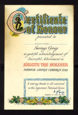 Certificate - awarded to Woolworth's Malton for the "Salute the soldier" national savings campaign 1944; 1/01/1944; 5537 Certificate - awarded to Woolworth's Malton for the "Salute the soldier" national savings campaign 1944; 1/01/1944; 5537