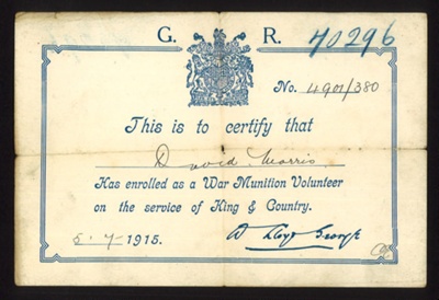 Certificate for enrolling as a 'War Munitions Volunteer' dated 05.07.1915 issued to a 'David Morris; 78799 Certificate for enrolling as a 'War Munitions Volunteer' dated 05.07.1915 issued to a 'David Morris; 78799