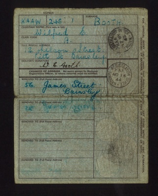 National registration identity card - Wilfred Booth - 17/05/1943; 17/05/1943; 5835