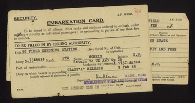 'Embarkation card' issued to a 'S.D. Morris' 'Class "A" release' & 'medical inspection report' dated 09.02.1946; 78797