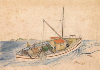 "Viking" Fishing Boat - sketch by Lawrence Jensen; Lars Halvorsen & Sons; 1928; TMA2021.00102.8.4
