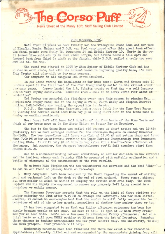 The Corso Puff News Sheet Of Manly 16ft Sailing Club 29th October, 1976 ...