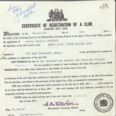 Certificate Of Registration Of A Club, Liquor Act 912 Manly 16ft ...