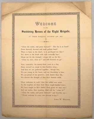 Songsheet - "Welcome to the Surviving Heroes of the Light Brigade" ; Lydia W. Melland; c. 1877; 0260 Songsheet - "Welcome to the Surviving Heroes of the Light Brigade" ; Lydia W. Melland; c. 1877; 0260
