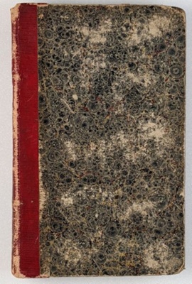 a book photographed- mottled dark grey card cover with deep red spine