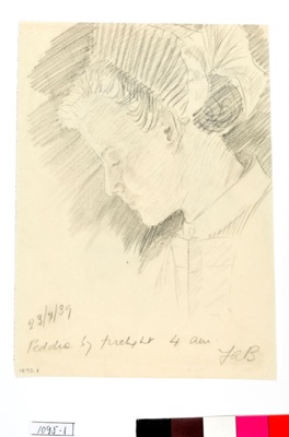 Drawing by Annette Garfitt, "Peddie by firelight 4am"; Annette Garfitt nee Bowen; 23/07/1939; 1095.01