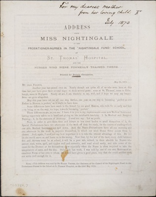 Address from Miss Nightingale to the Probationer-Nurses in the 'Nightingale Fund' School at St Thomas' Hospital, 1873
; Spottiswoode & Co.; 23/05/1873; 0724.07