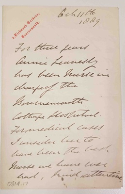 Testimonial for Annie Leavesley by N.G Swan.; N.G Swan; 11 October 1889; 0814.17