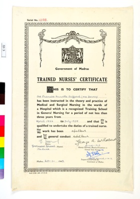 Trained Nurses' Certificate; Government of Madras; 1943; 1107