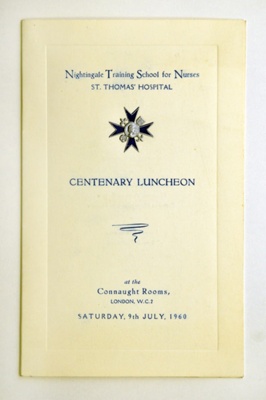 Menu for Centenary Luncheon, Nightingale Training School for Nurses; 1960; 1313