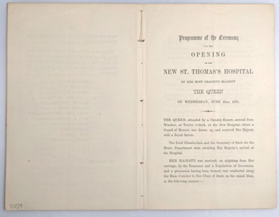 Programme of the Ceremony for the Opening of the New St. Thomas's Hospital; St. Thomas's Hospital; 21/06/1871; 0259 Programme of the Ceremony for the Opening of the New St. Thomas's Hospital; St. Thomas's Hospital; 21/06/1871; 0259