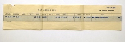 Monthly pay advice slip from St Thomas' Hospital ; St. Thomas's Hospital; 30/06/1964; 1316