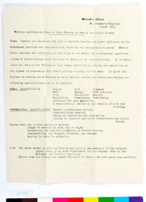 Written Confidential Reports from Sisters on Senior and Junior Nurses; Matrons Office; 08/1931; 1178