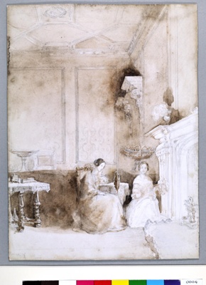 Pencil and wash drawing of Florence Nightingale reading (on the left) and Marianne Nicholson in the drawing room at Embley, c. 1830.; Lady Frances Parthenope Verney nee Nightingale; c.1830; 0004