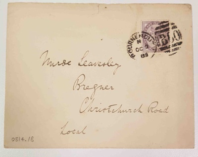 Envelope addressed to Nurse Leavesley; Unknown; 09 October 1889; 0814.18