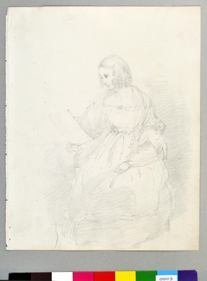 Pencil Drawing by Parthenope Nightingale of Florence Nightingale as a child, reading a letter; Lady Frances Parthenope Verney nee Nightingale; 0003