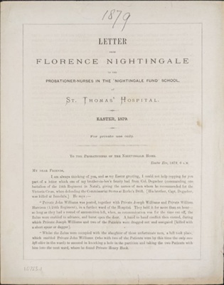 Letter from Florence Nightingale to the Probationer-Nurses in the 'Nightingale Fund' School at St. Thomas' Hospital. Easter 1879
; Spottiswoode & Co.; 12/04/1879; 0723.01