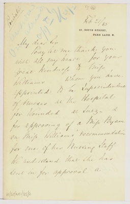 Letter from Florence Nightingale to Dr Crawford, 21 Feb 1885; Florence Nightingale; 21/02/1885; H01/ST/NC/01/007/85/02