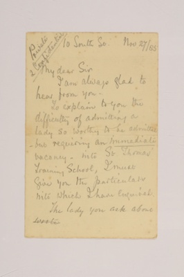 Letter from Florence Nightingale to unknown recipient, 27 November 1885; Florence Nightingale; 27/11/1885; 1208