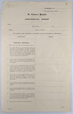 Confidential Report on Nurses' Performance; St. Thomas's Hospital; 03/1945; 0793 Confidential Report on Nurses' Performance; St. Thomas's Hospital; 03/1945; 0793