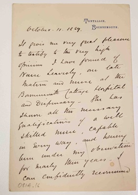 Testimonial for Nurse Leavesley by Justyn G.D. Douglas.; Justyn G.D Douglas; 11 October 1889; 0814.16