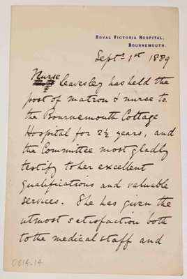 Testimonial for Nurse Leavesley by William Fisher.; William Fisher; 1 September 1889; 0814.14