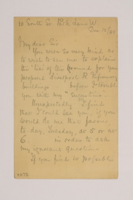 Letter from Florence Nightingale to Mr A. Waterhouse; Florence Nightingale; 15/12/1885; 1075