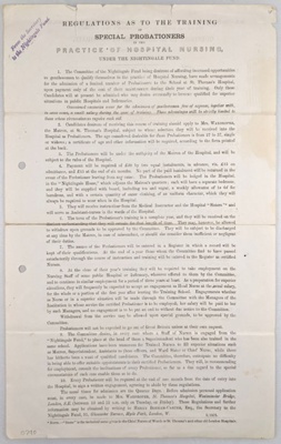 "Regulations as to the Training of Special Probationers in the Practice of Hospital Nursing under the Nightingale Fund" & "Questions to be Answered by the Candidate"; St. Thomas's Hospital; 1875; 0790 "Regulations as to the Training of Special Probationers in the Practice of Hospital Nursing under the Nightingale Fund" & "Questions to be Answered by the Candidate"; St. Thomas's Hospital; 1875; 0790