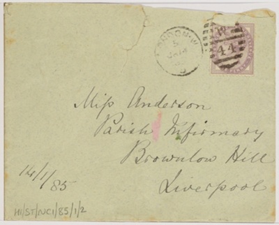 Letter from Florence Nightingale to Miss Anderson, Parish Infirmary, Brownlow Hill, Liverpool, 14 Jan 1885; Florence Nightingale; 14/01/1885; H01/ST/NC/01/007/85/01