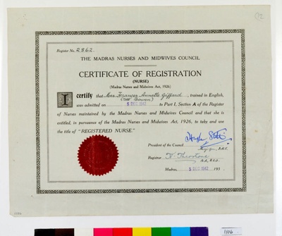 Certificate of Registration, Madras Nurses and Midwives Council; The Madras Nursing and Midwives Council; 1942; 1106