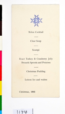 Christmas 1965 Menu; St. Thomas's Hospital; 1965; 1194