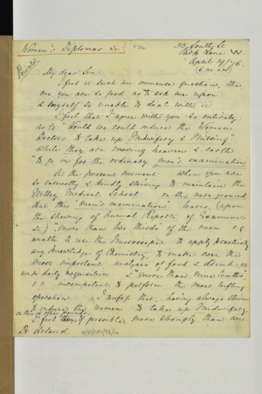 Letter from Florence Nightingale to Dr Acland, 19 Apr 1876; Florence