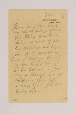 Letter from Florence Nightingale to Mr & Mrs Ford; Florence Nightingale; 15/10/1898; 1074