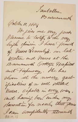 Copy of a testimonial for Nurse Leavesley by Justyn G.D. Douglas.; Justyn G.D Douglas; 11 October 1889; 0814.15